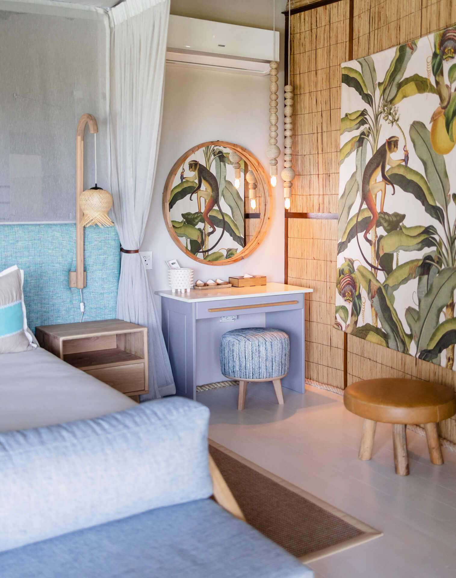 Interior view of a coastal accommodation room with a desk and decor