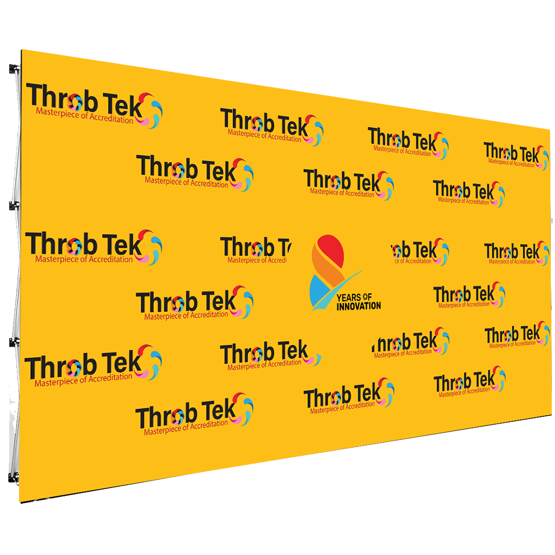 Yellow backdrop with Throb Tek branding and logo.