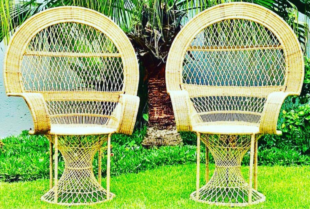 His and Hers Peacock Chairs in a garden setting.