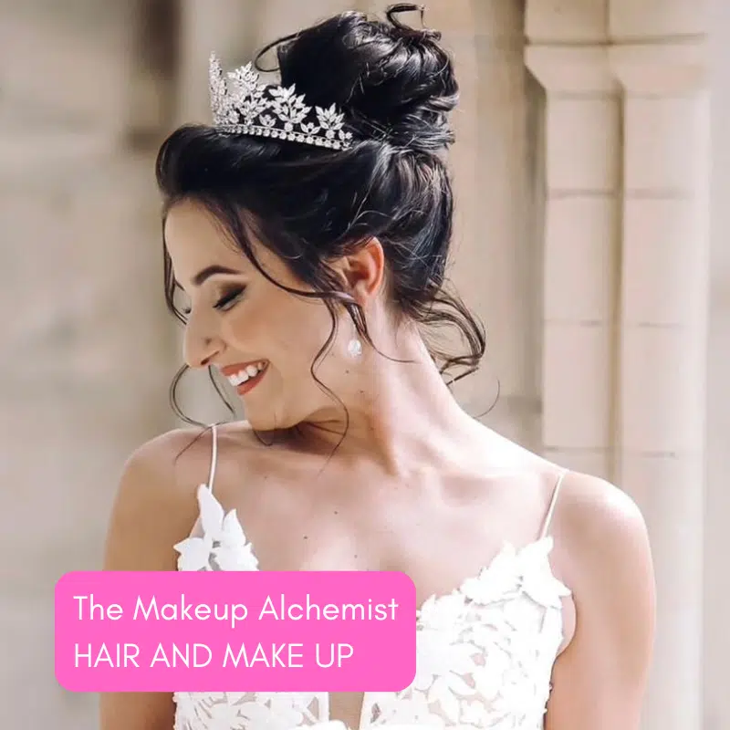 Bride with tiara and wedding dress smiling