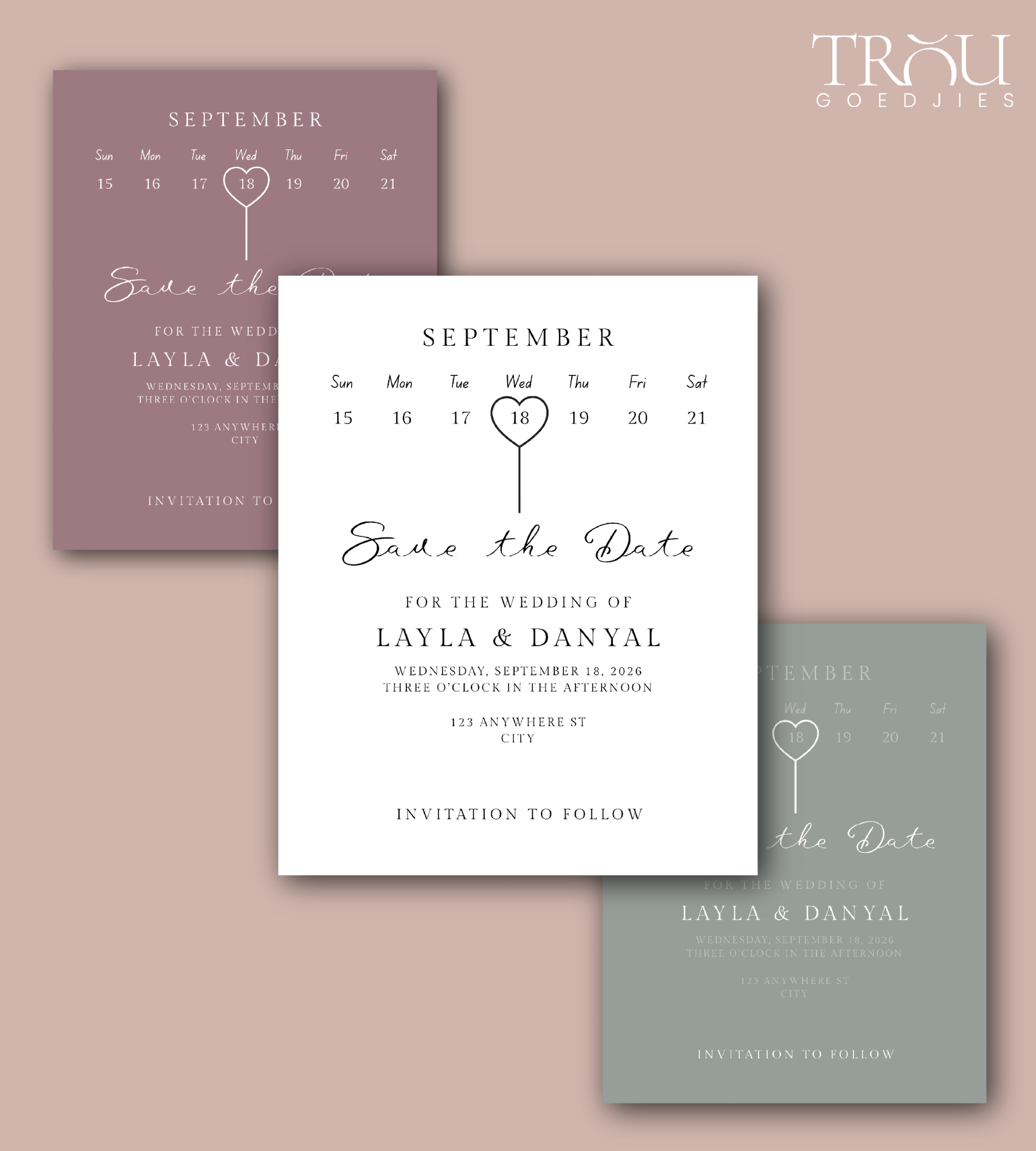 Collection of custom save-the-date invitations for a wedding