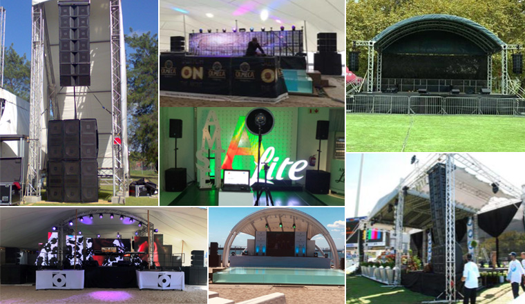 Collage of different stage setups and audio equipment.