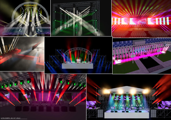 Multiple stage designs with colorful lighting setups
