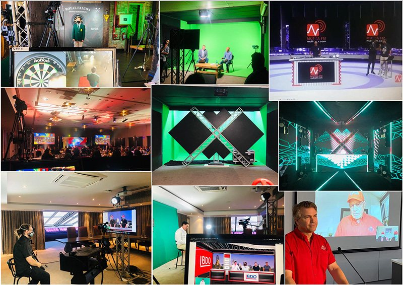 Various technical setups for live events with equipment and green screens.