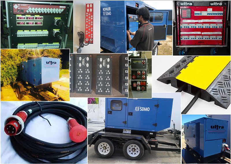 Collage of technical event equipment including generators and connectors.