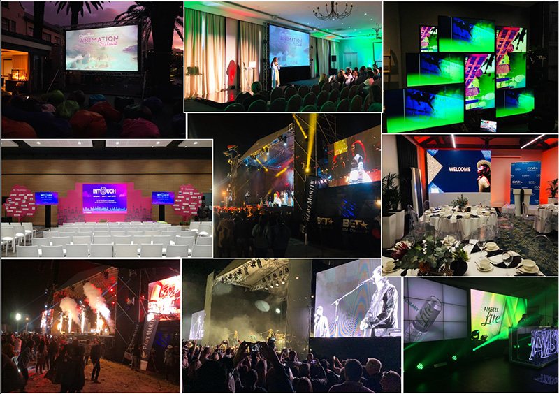 Collage of event setups with stages, screens, and lighting.