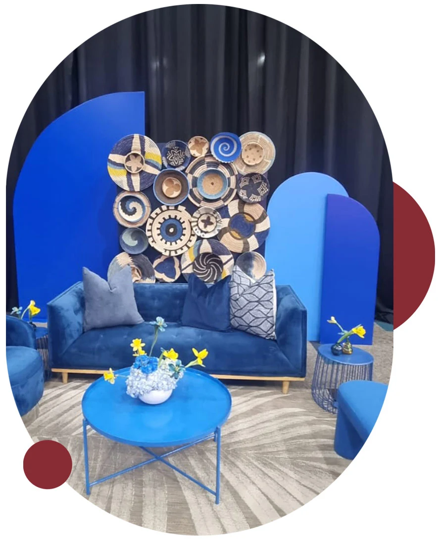 Stylish lounge seating with decorative wall art
