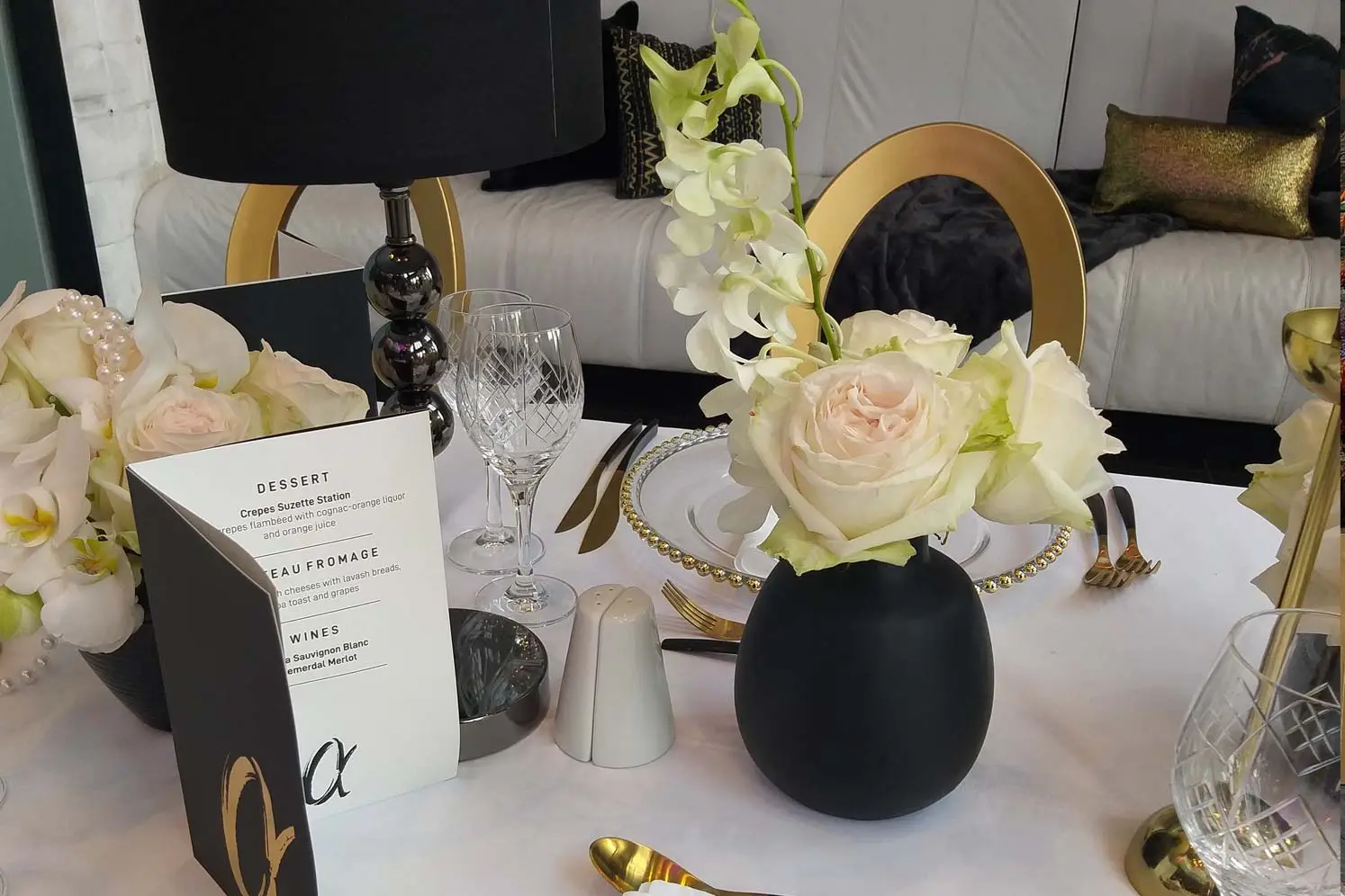Luxurious table setting with flowers and menu