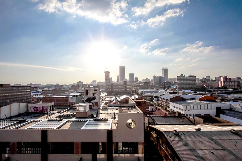 Panoramic view of Johannesburg skyline from rooftop