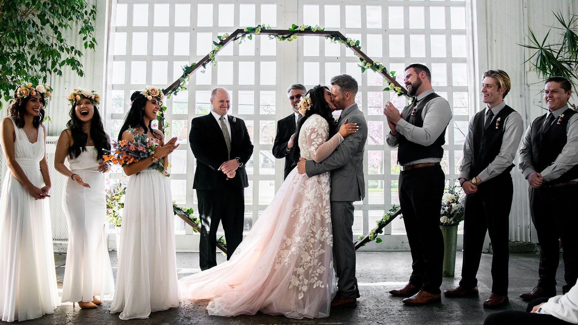 Wedding ceremony live streaming setup with a couple exchanging vows