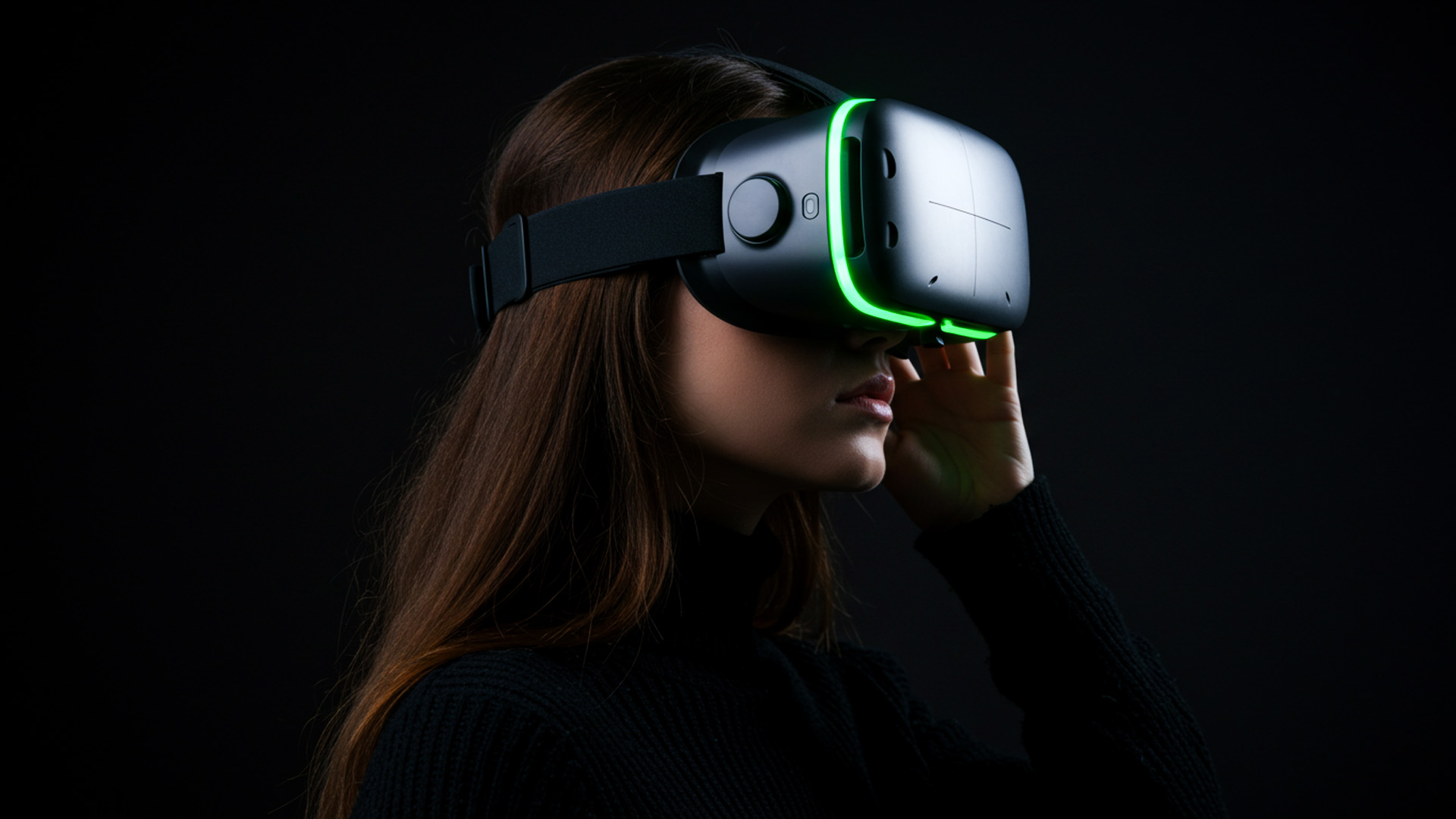 Person wearing a VR headset with green lights