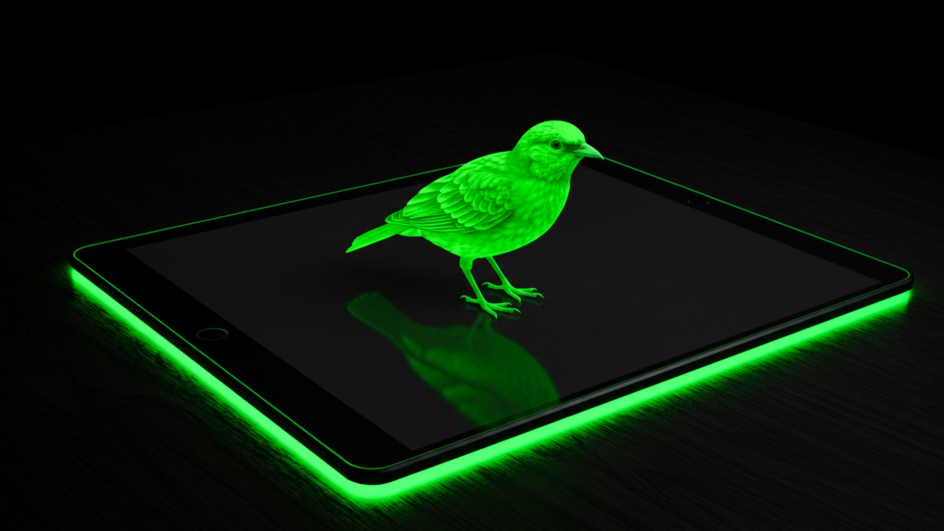 Green augmented reality bird on a tablet