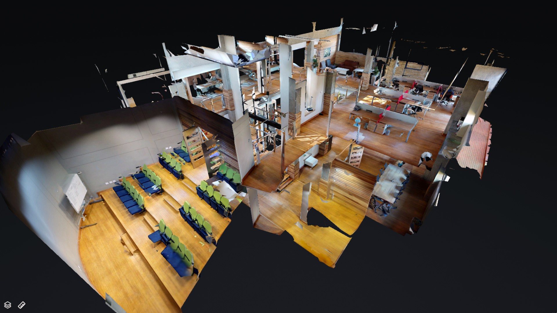 3D view of a virtual reality event space setup.