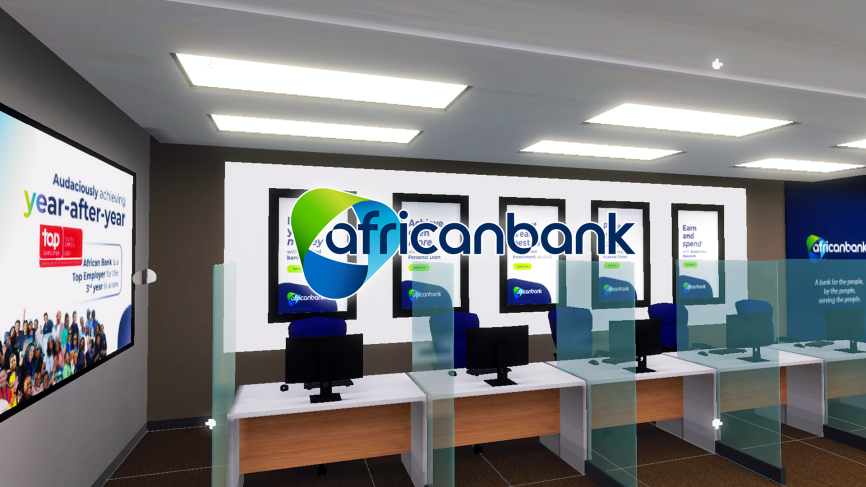 Virtual reality setup with African Bank branding and desks