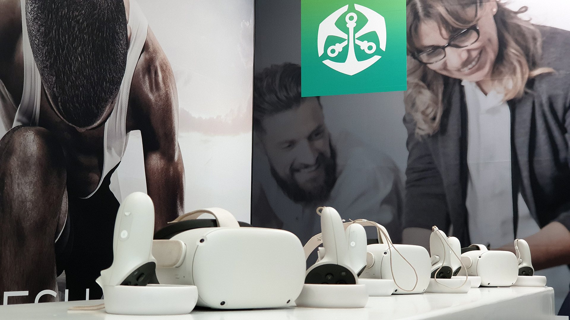 Line of VR headsets prepared for an event