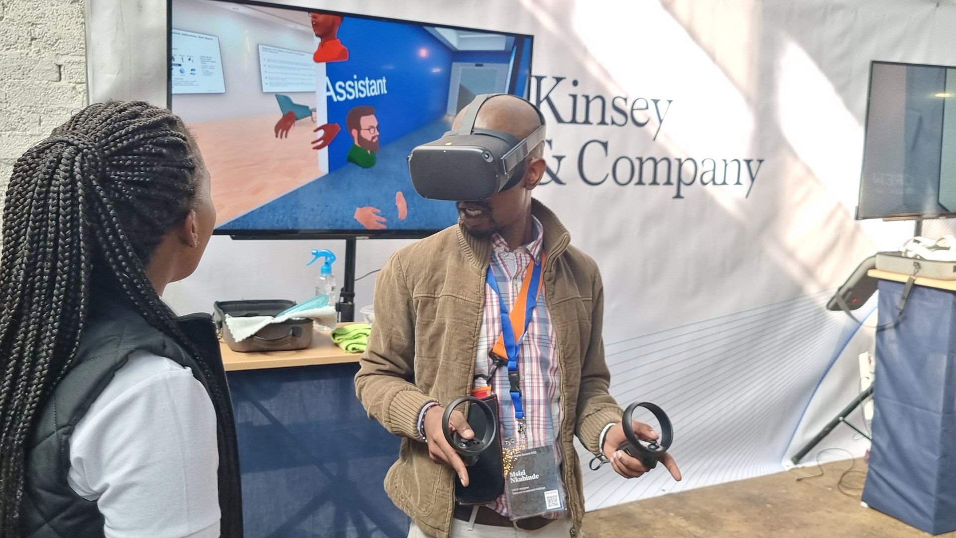 User wearing VR headset interacting in a virtual environment.