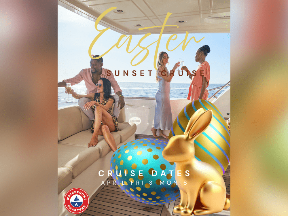 Promotional graphic for Easter sunset cruise with decorative elements.