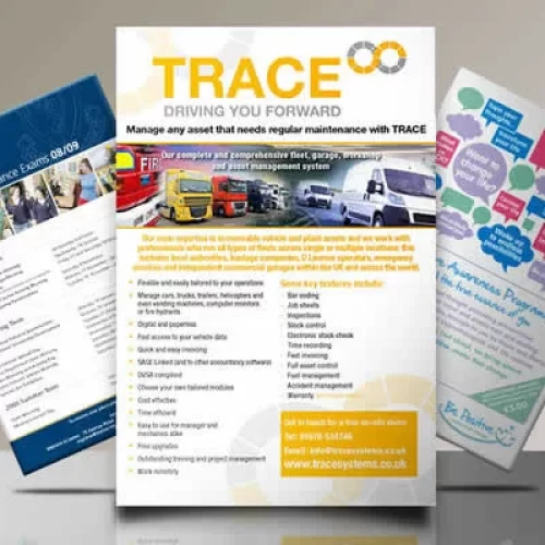 Promotional brochure for Trace maintenance solutions with fleet images and service details.