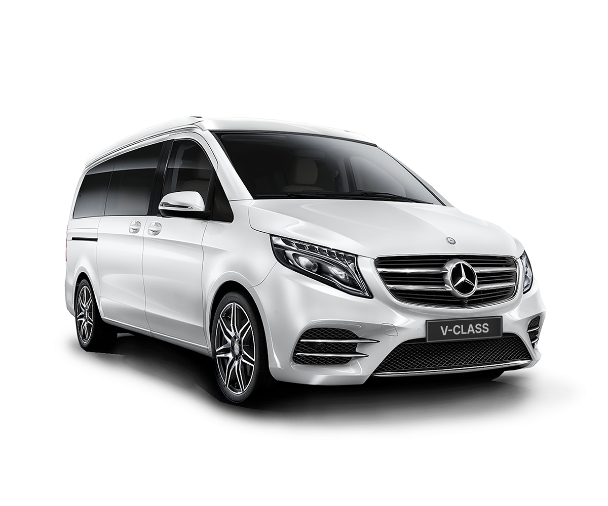 White Mercedes V-Class van on a plain background