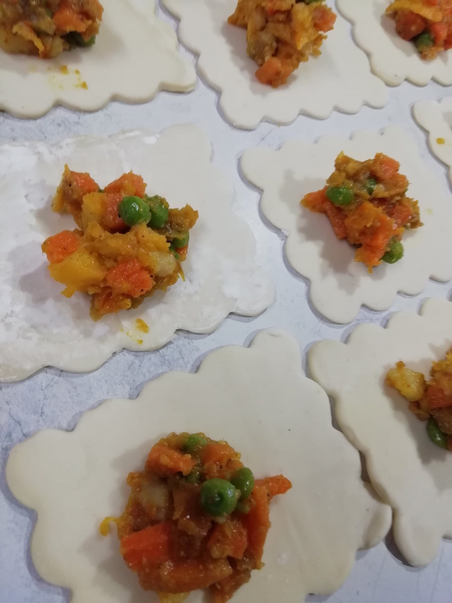 Vegetable-filled Halaal pastries ready for baking