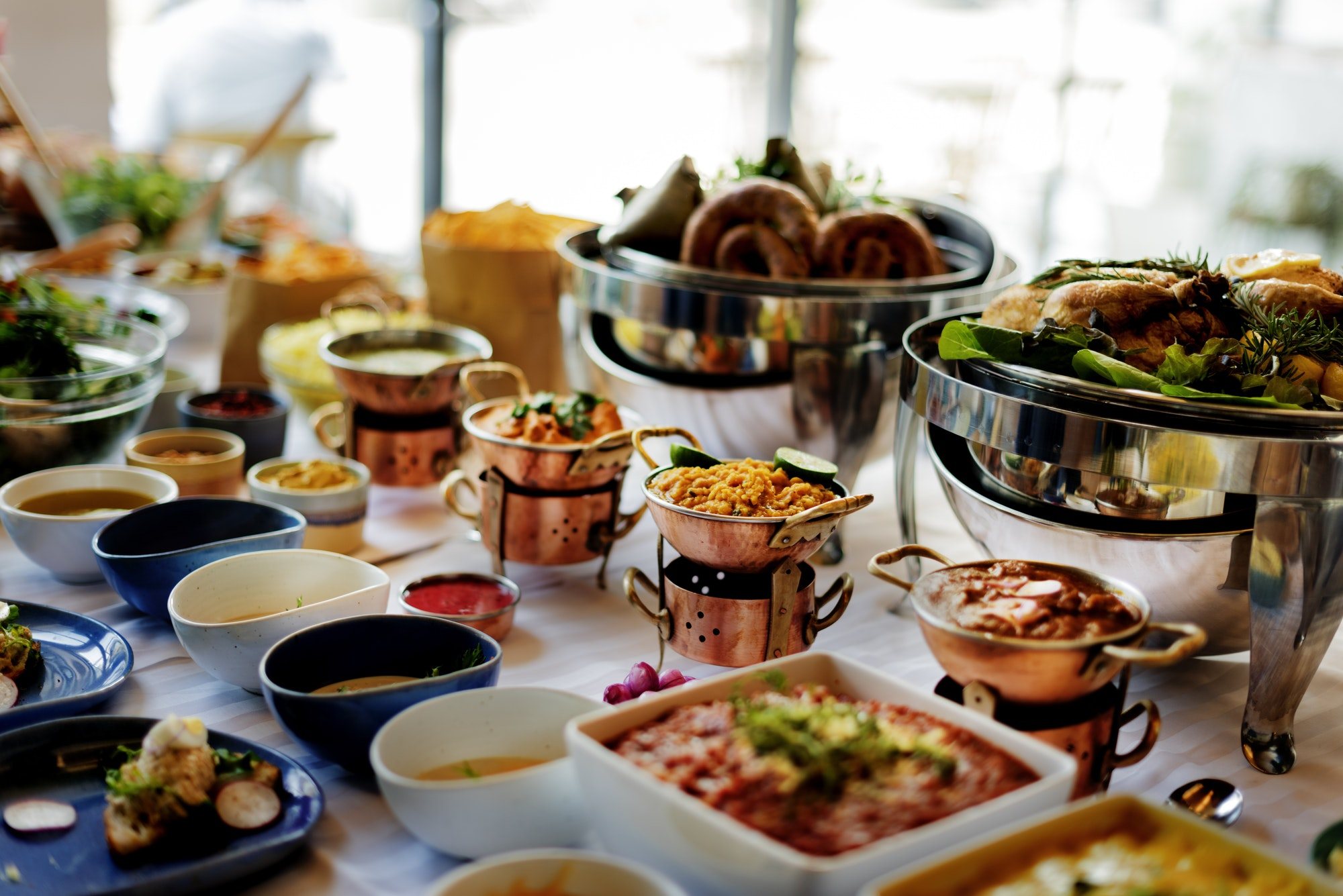 A beautifully arranged catering display with various Halaal dishes