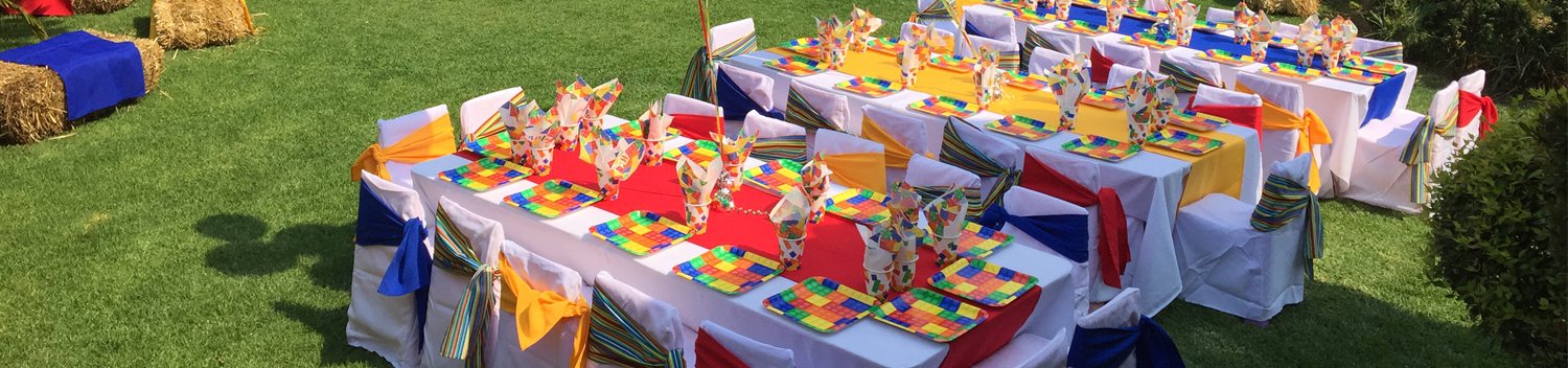 Outdoor party tables decorated with colorful plates and napkins.