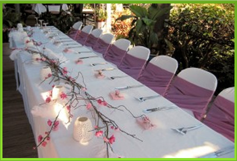 Long table with white tablecloth, pink runners, and decorative elements