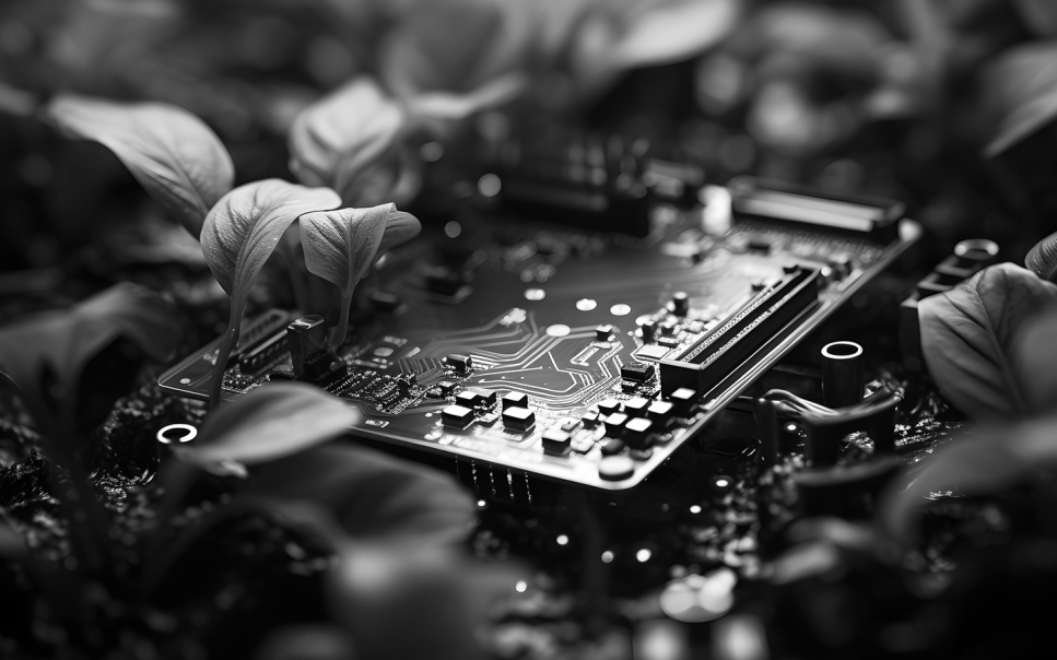 Close-up of an NFC circuit board surrounded by leaves.