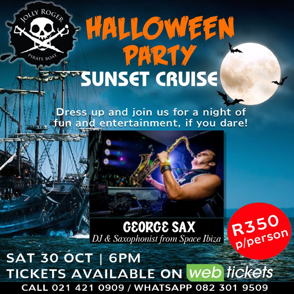 Promotional flyer for Halloween party sunset cruise with saxophonist.
