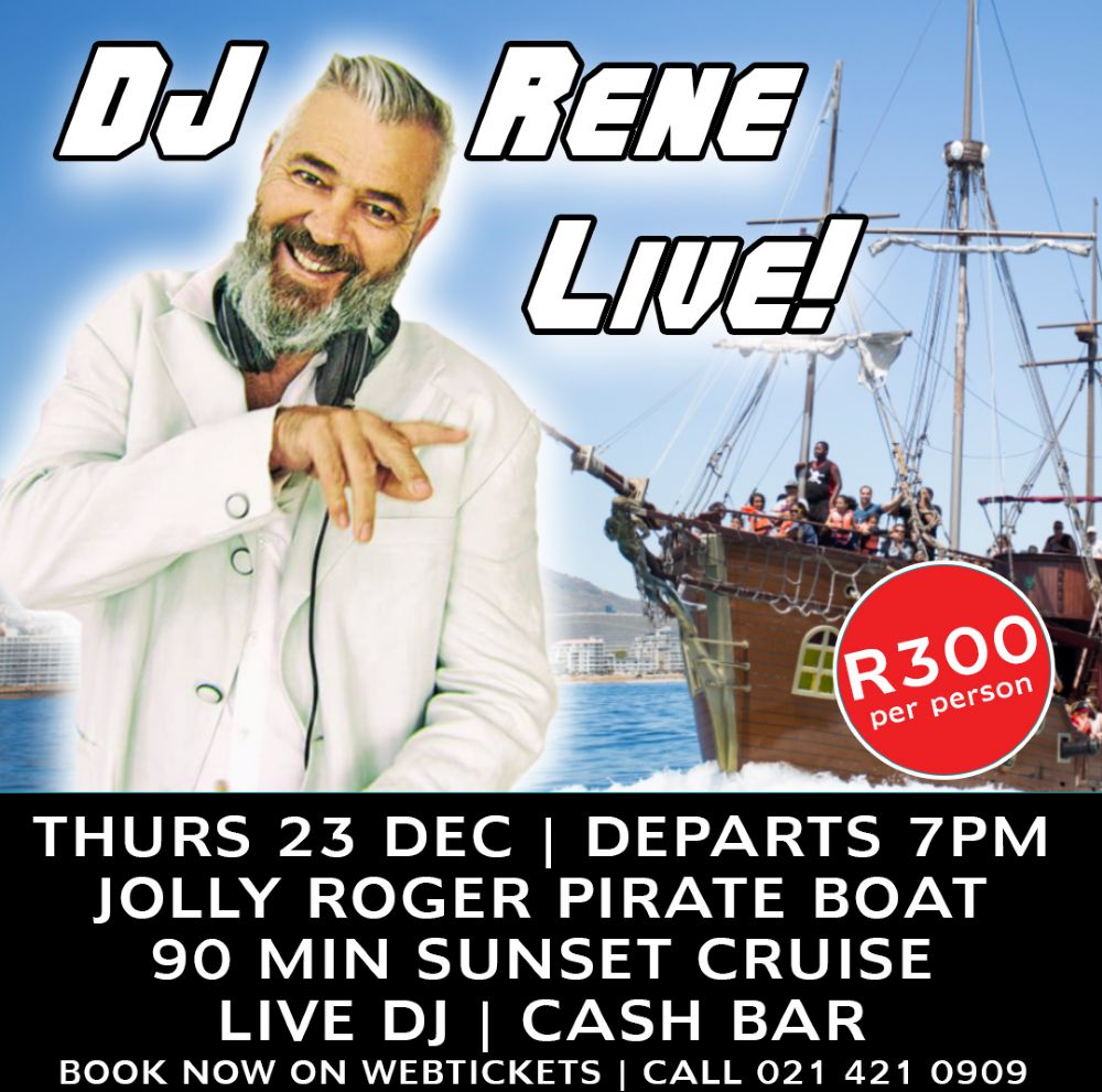 Promotional flyer for DJ Rene live on a pirate boat