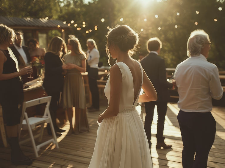 Bride in a flowing gown at sunset with guests on a wooden deck.