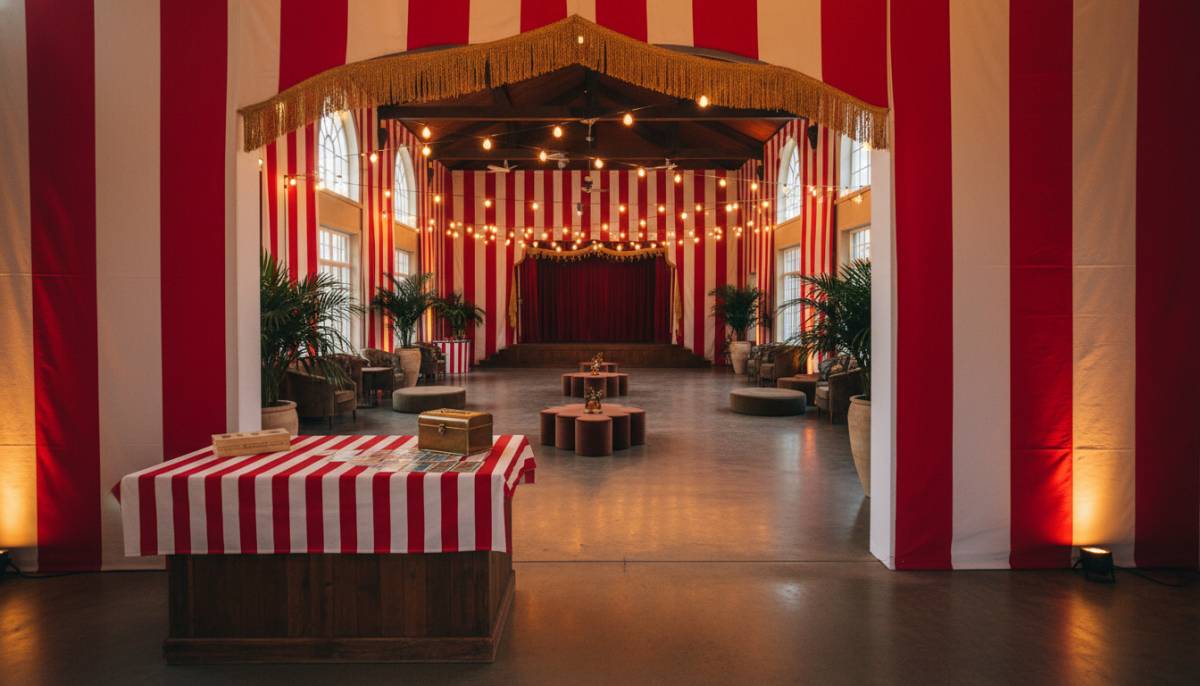 Circus carnival setup in an empty clubhouse