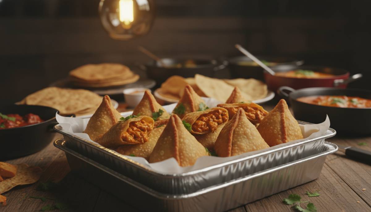 Butter chicken samoosas in trays