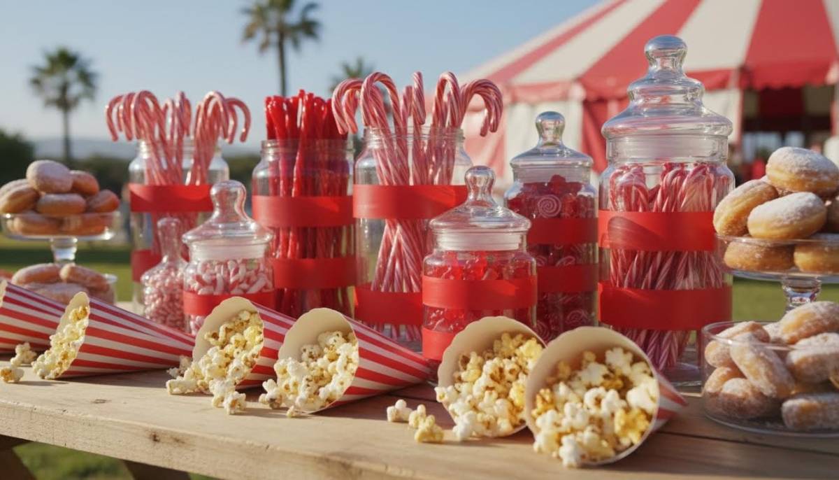 Popcorn cones and sweet jars on carnival table