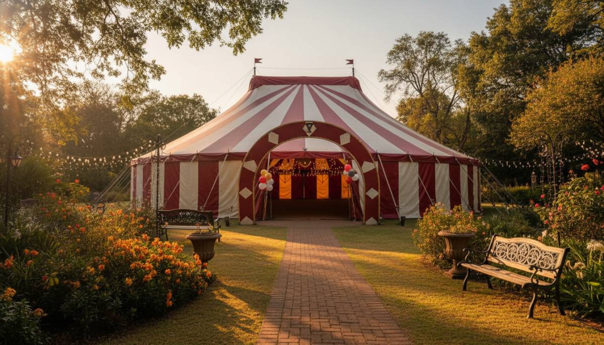 Circus tent entrance in late afternoon light