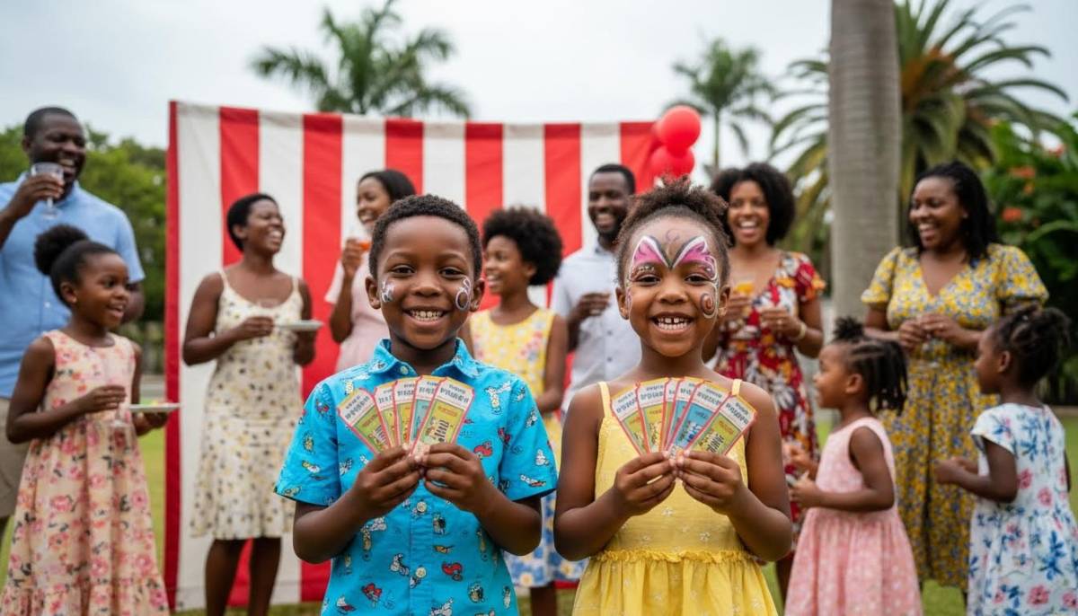 Children holding carnival tickets beside a striped backdrop