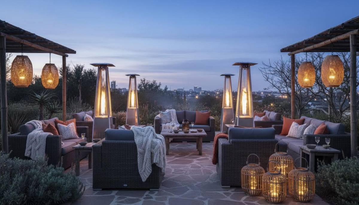 Outdoor heaters around garden seating