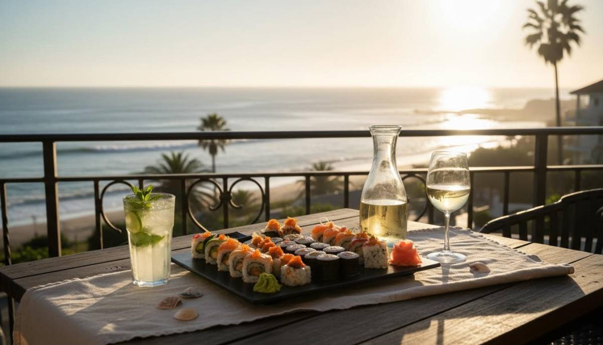 Sushi platter with white wine