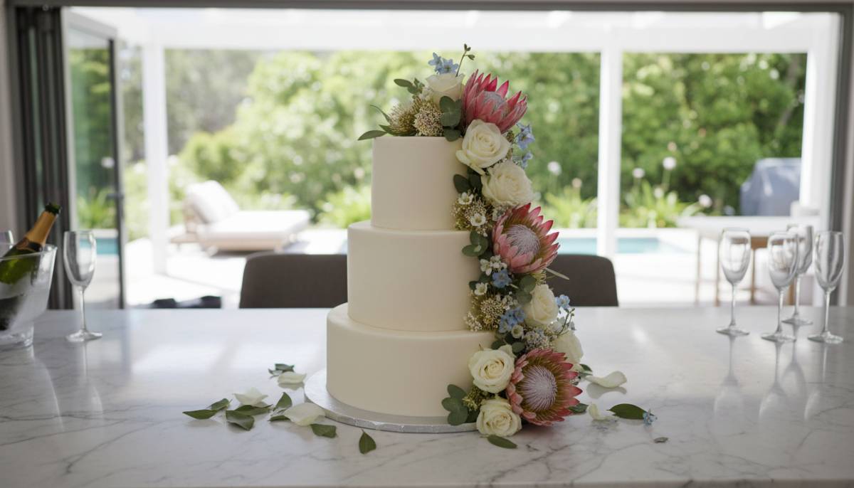 Simple engagement cake on counter