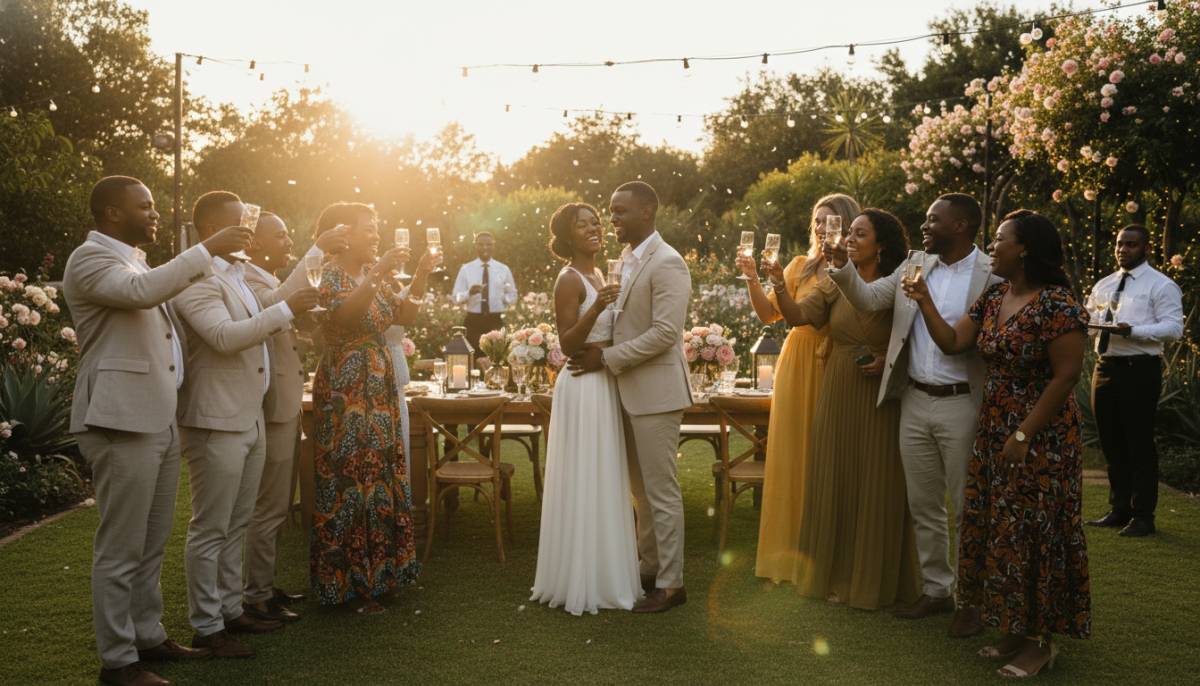 Family guests celebrating at sunset