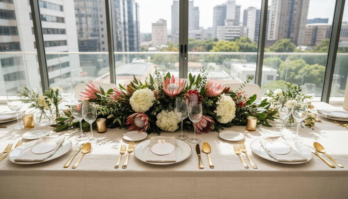 Styled engagement table with flowers and linen