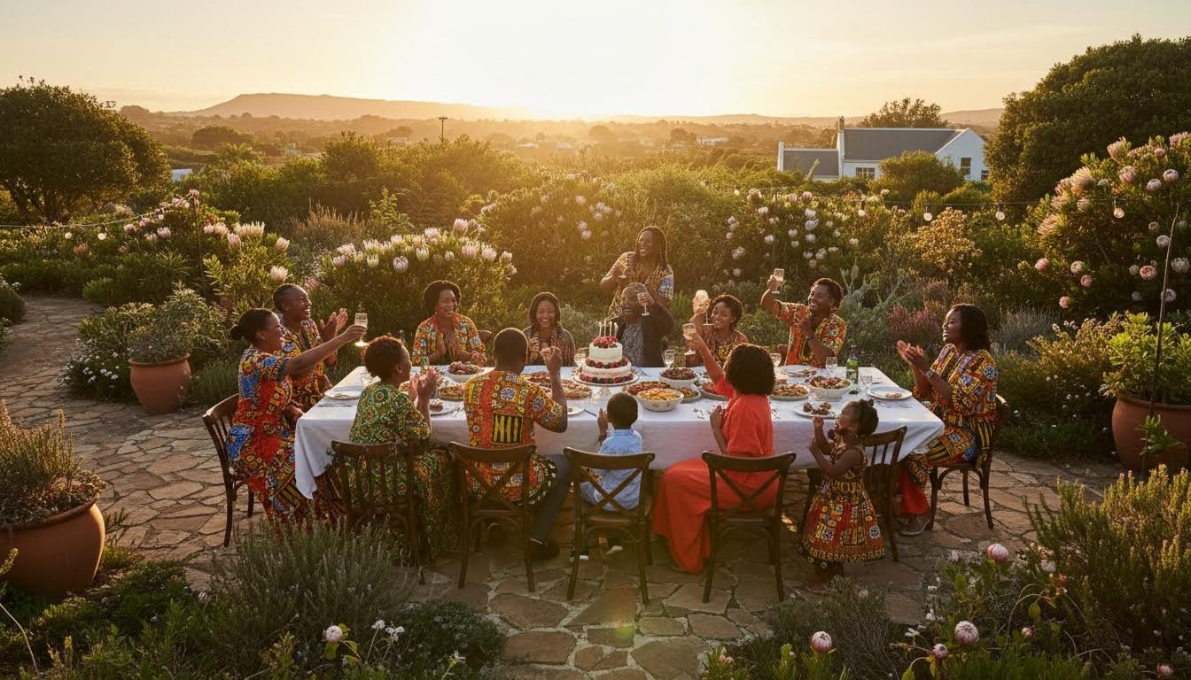 Family celebrating around a birthday cake table
