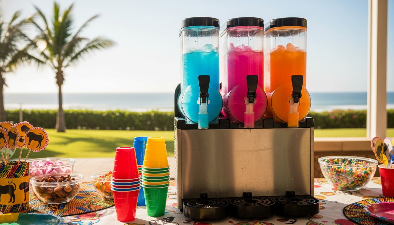 Slushie machine and cups set up for a kids birthday
