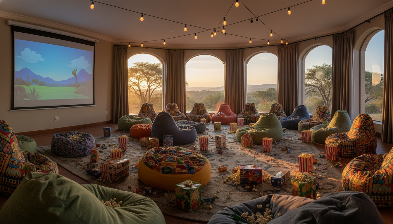 Movie lounge setup with popcorn boxes and cushions