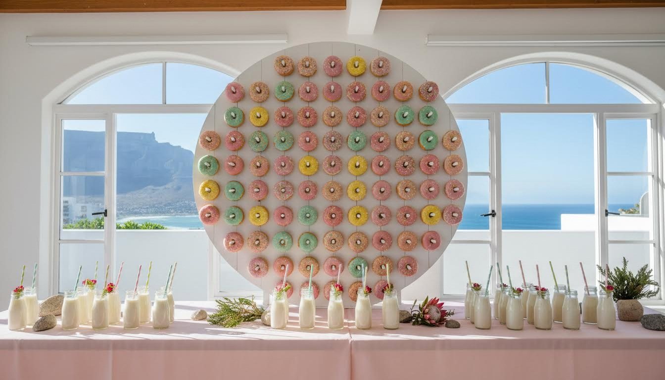 Donut wall and milkshake bottles for a birthday party