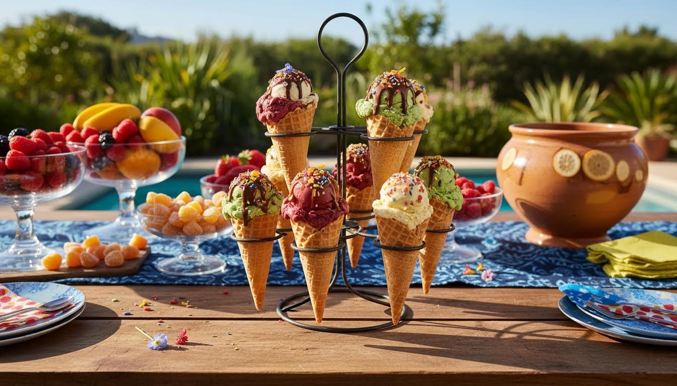 Ice cream cones arranged on a dessert table