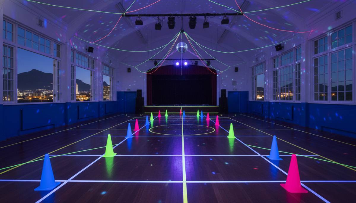 Glow sports setup in a school hall
