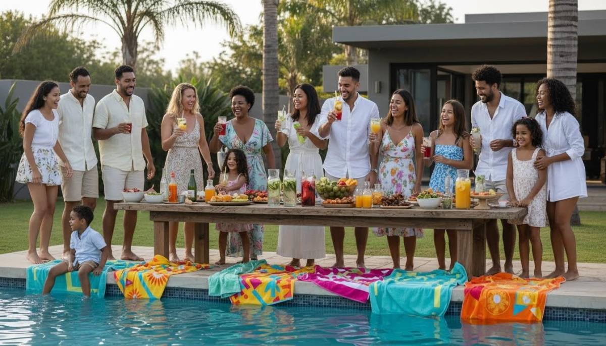 Family celebrating at a poolside splash party