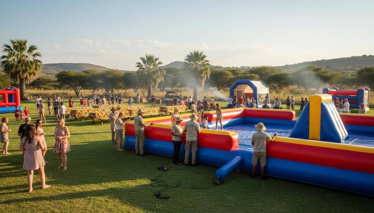 Outdoor team activity setup with guests watching