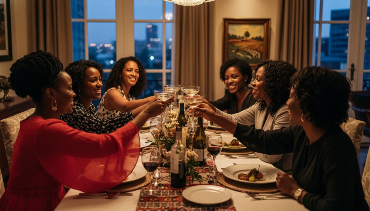 Guests clinking glasses at dinner